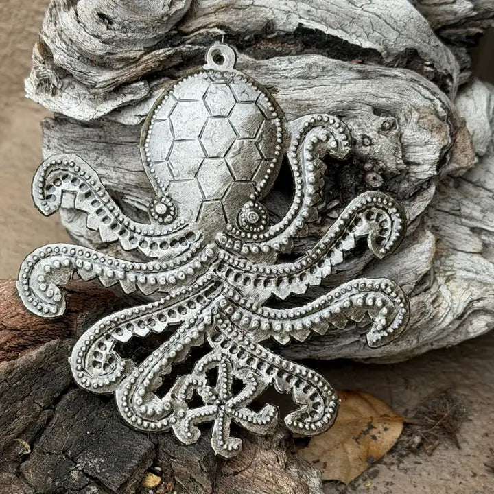 Haitian Metal Octopus Ornament 3.25x3.25 Hand Chiseled 
