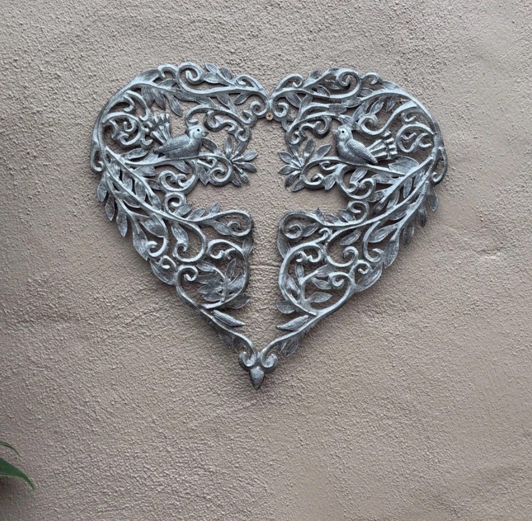 Handcrafted Metal Heart Wall Art with Birds Cross