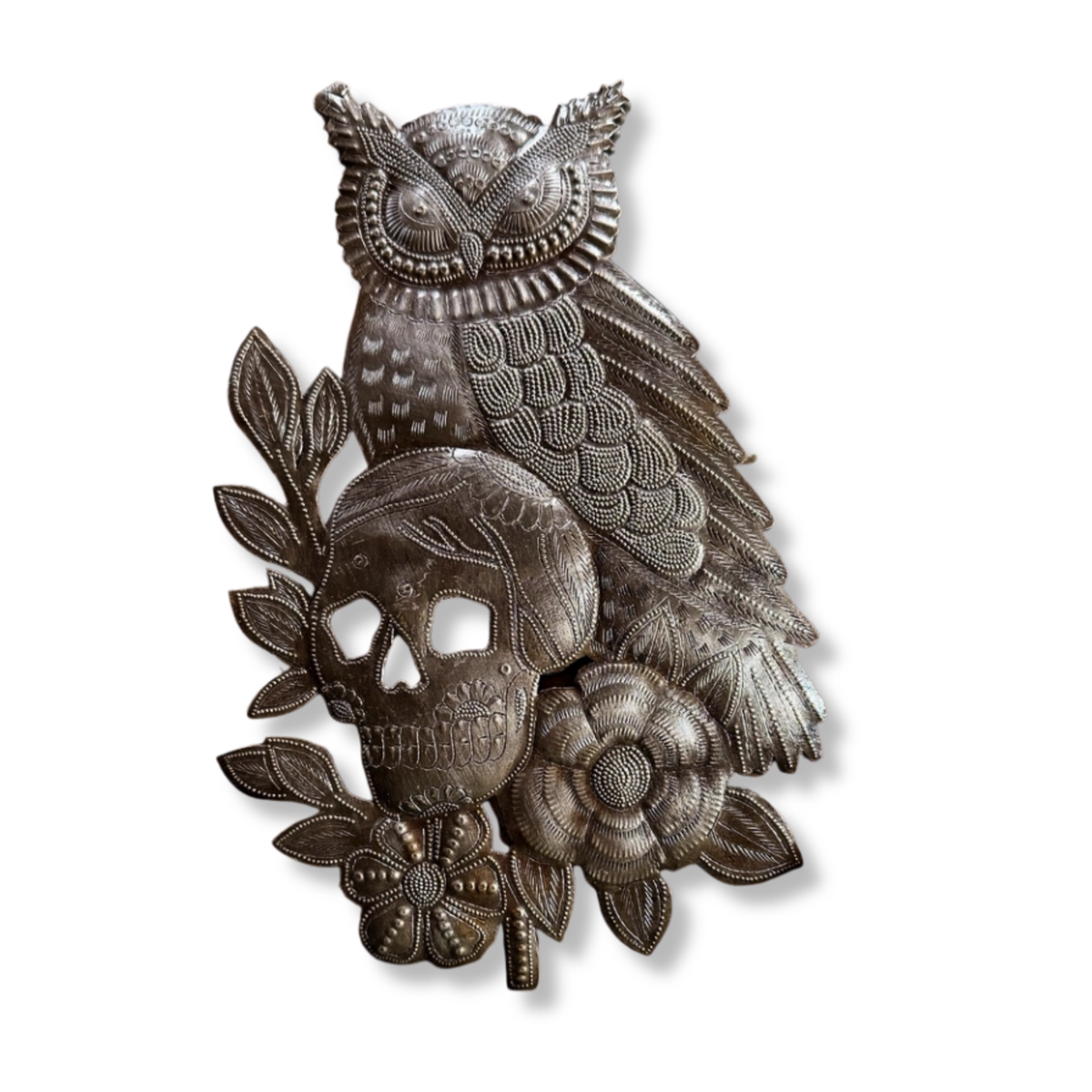 Haitian Metal Art Owl Skull Flowers Day of the Dead. 11.5"