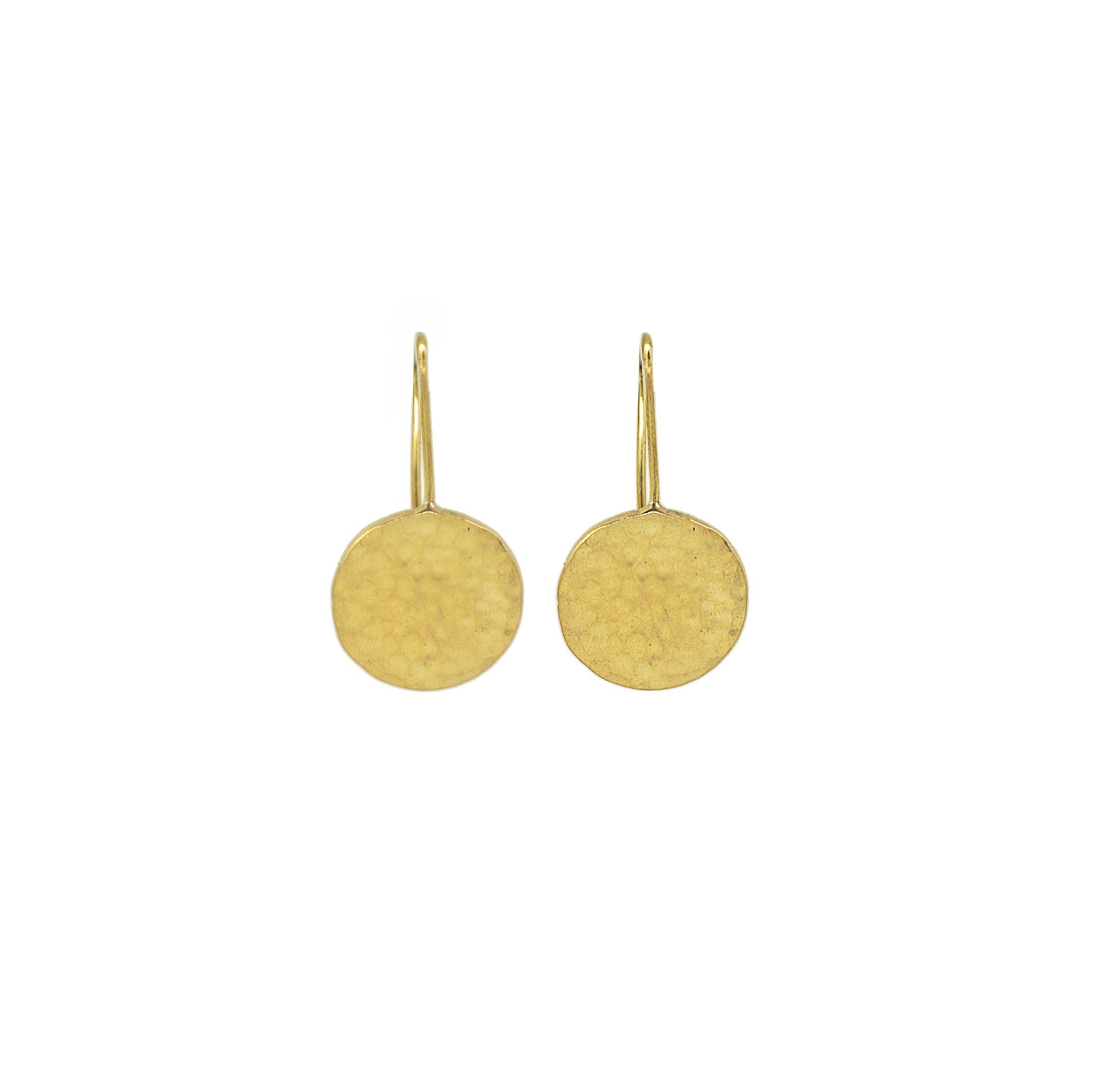 Njiwa hammered brass circle drop earrings worn on ear