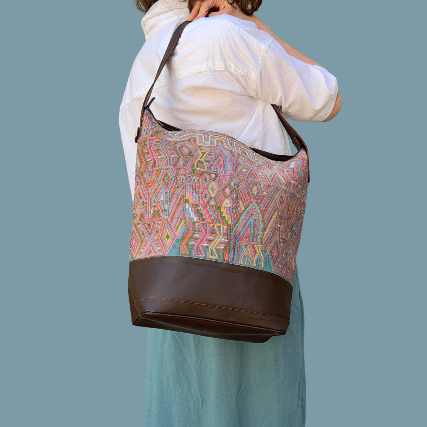 Huipil Bucket Bag - Handcrafted Vintage Mayan Textile & Leather Tote