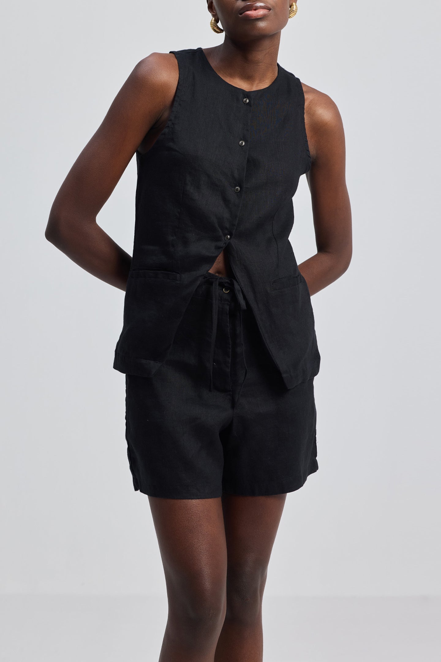 Hemp Vest Jacket Set in Black Front