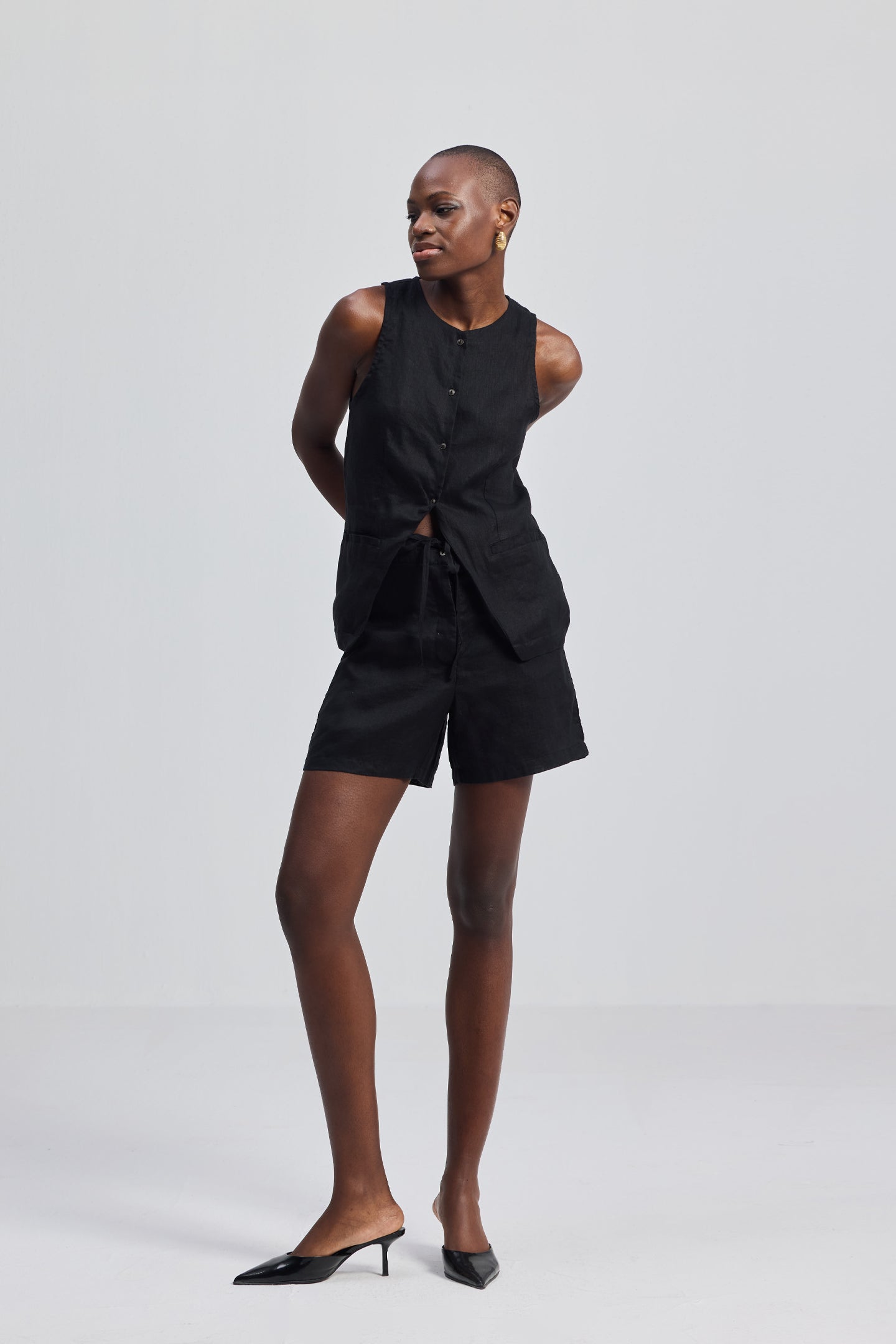 Hemp Vest Jacket Set in Black Front