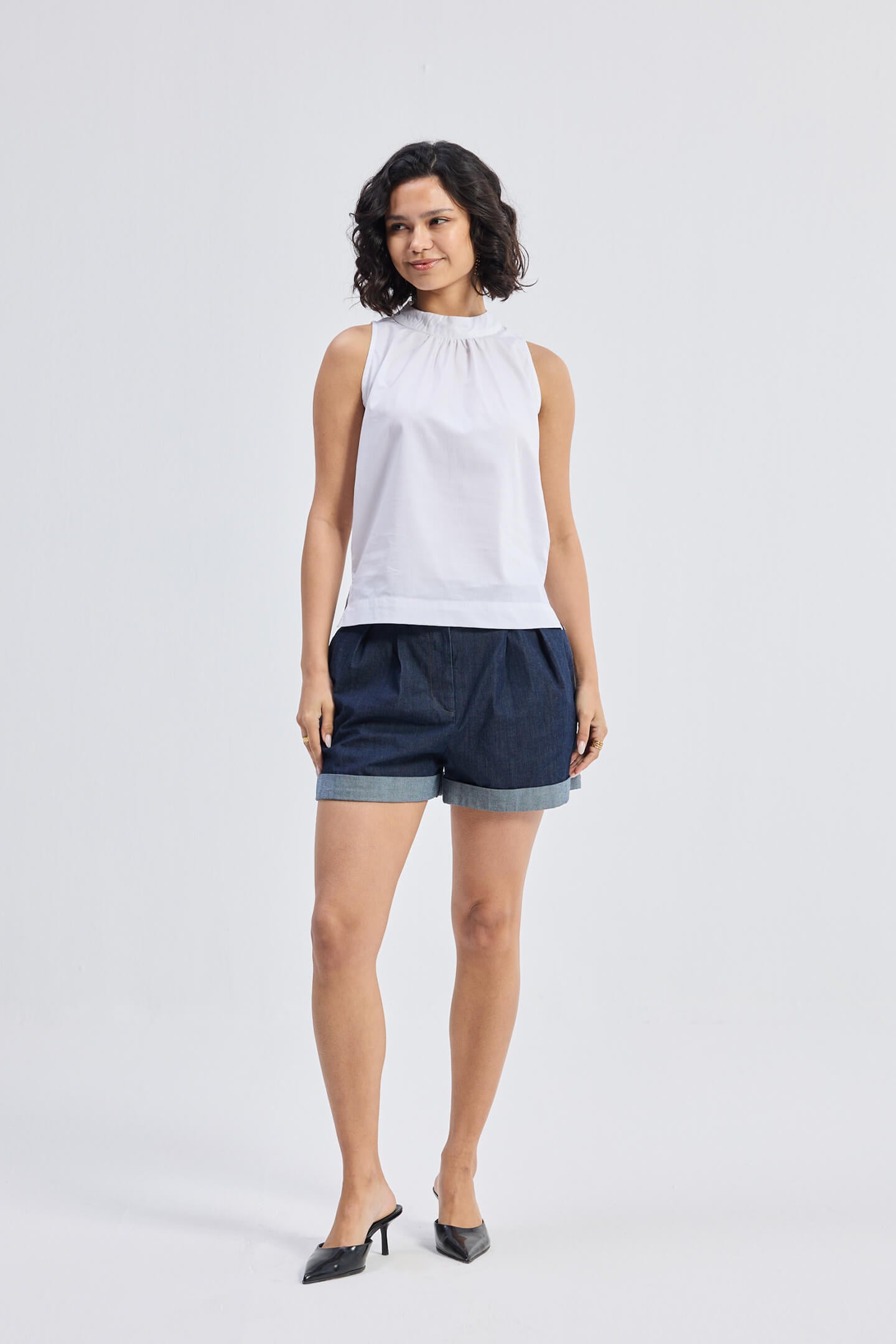 High-Neck Top with Gathers in White Front