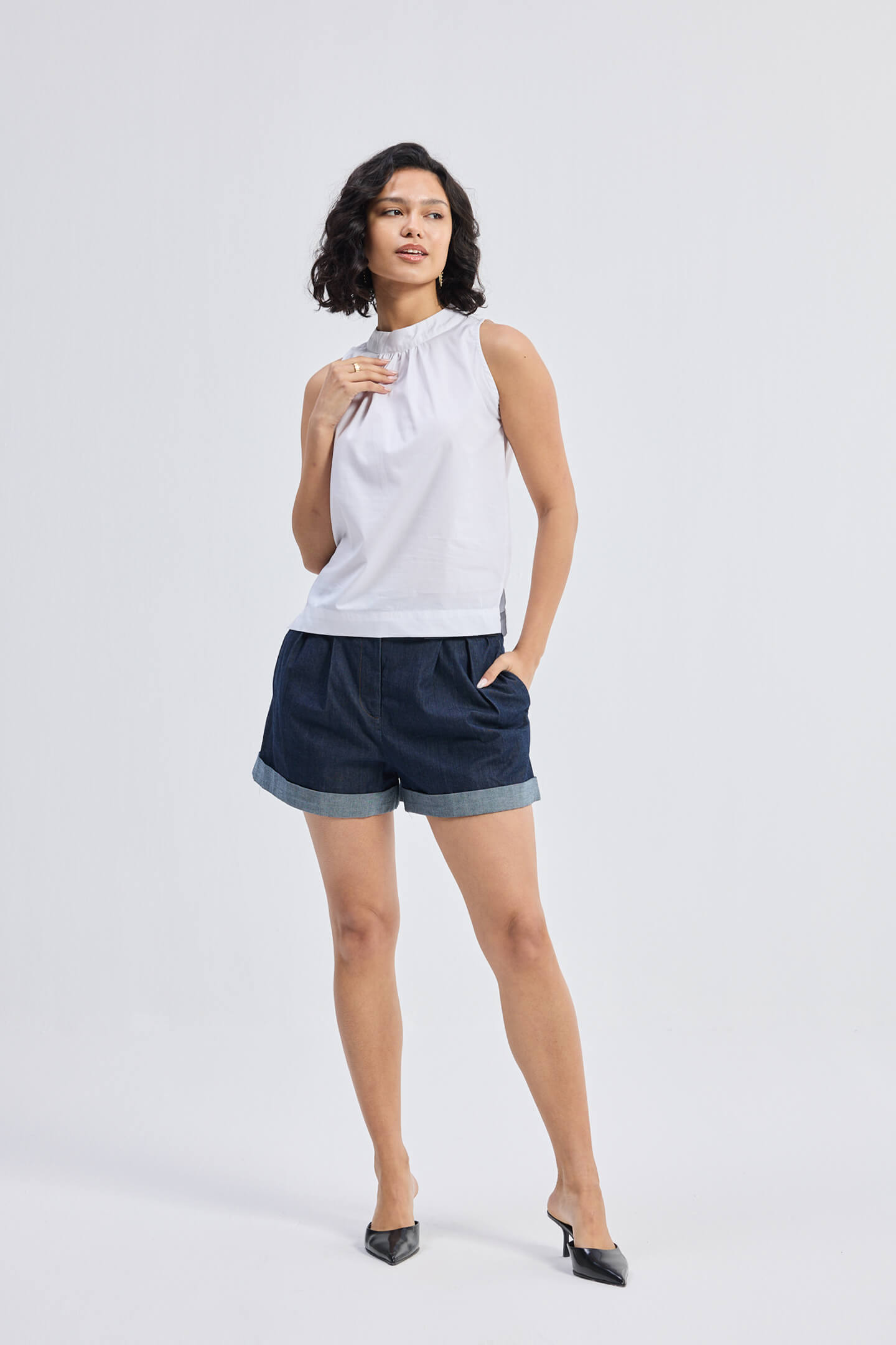 High-Neck Top with Gathers in White Front