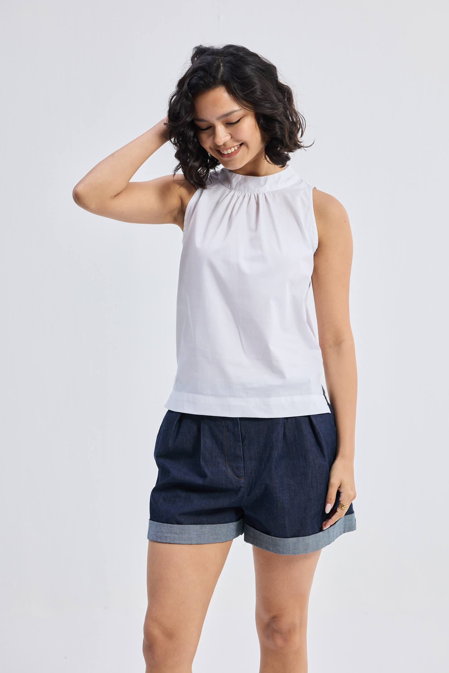 High-Neck Top with Gathers in White Front