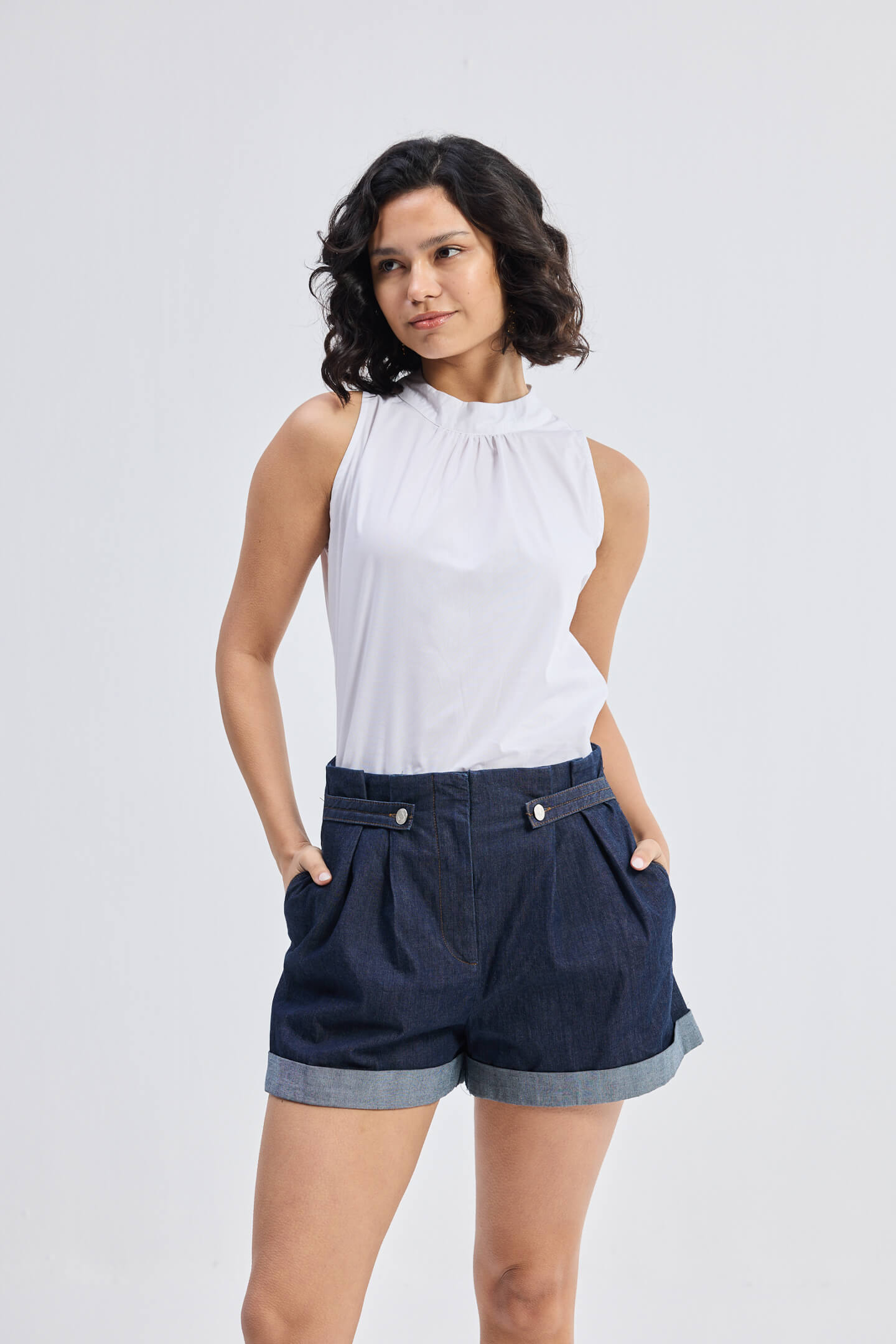 High-Neck Top with Gathers in White Front