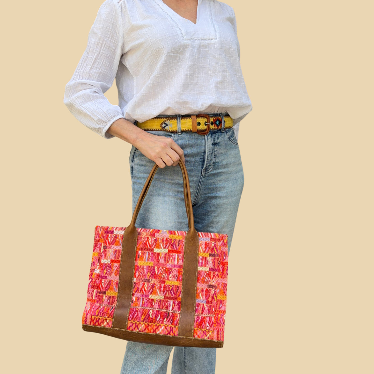 Handwoven Vintage Huipil Leather Tote