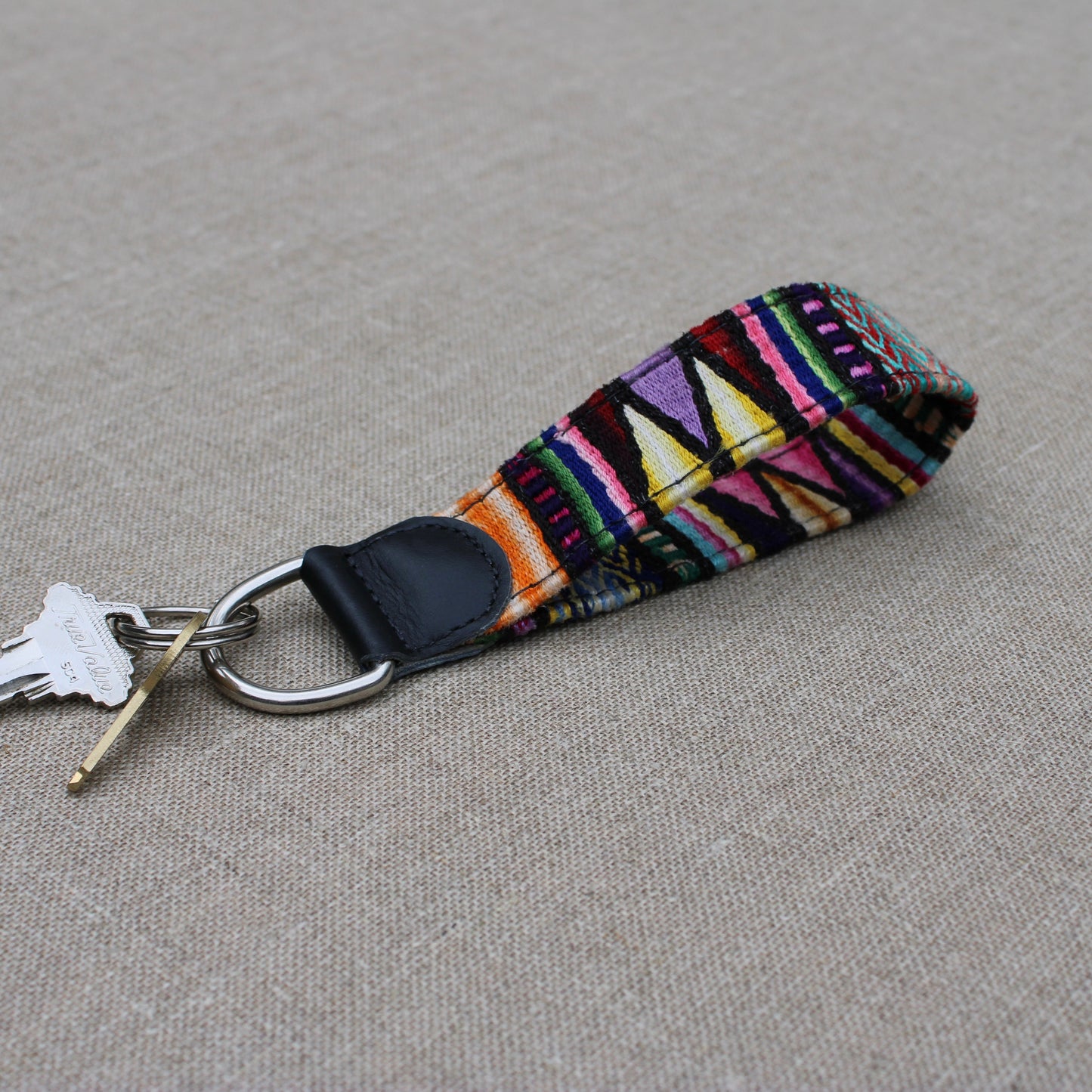 Handwoven Keychain with Leather | Upcycled Mayan Textile Key Fob