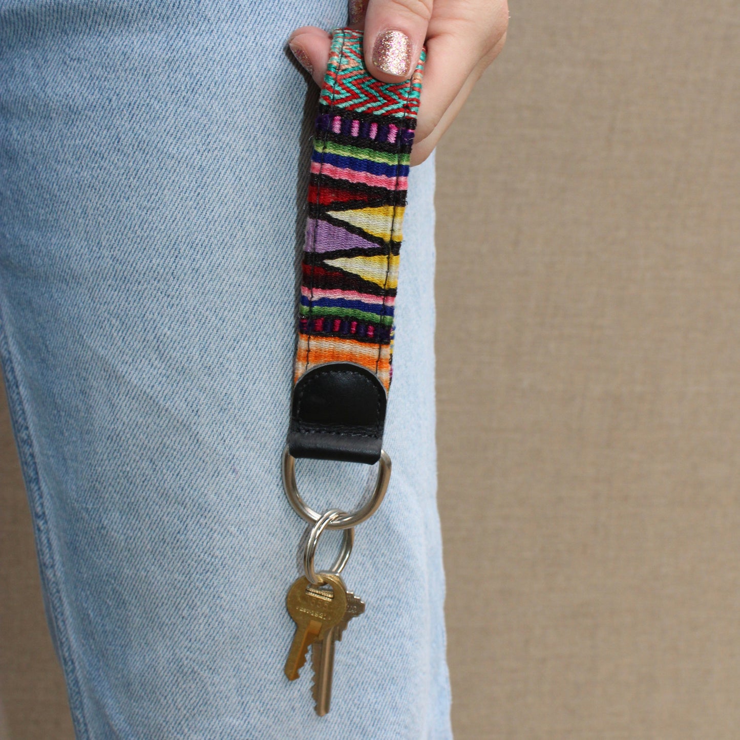 Handwoven Keychain with Leather | Upcycled Mayan Textile Key Fob
