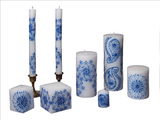 Henna Blue on White Painted Candles