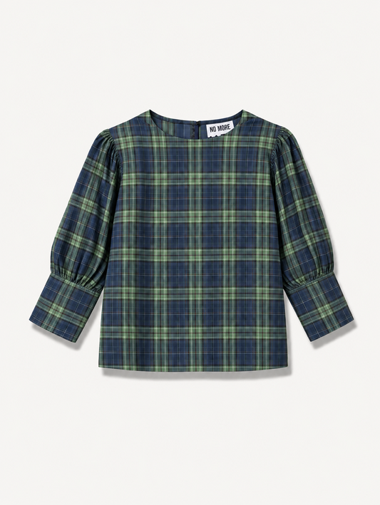 Green and blue plaid shirt with puff sleeves on a white background