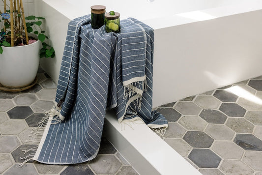 Jamma Bath Towel in Navy in Bathroom
