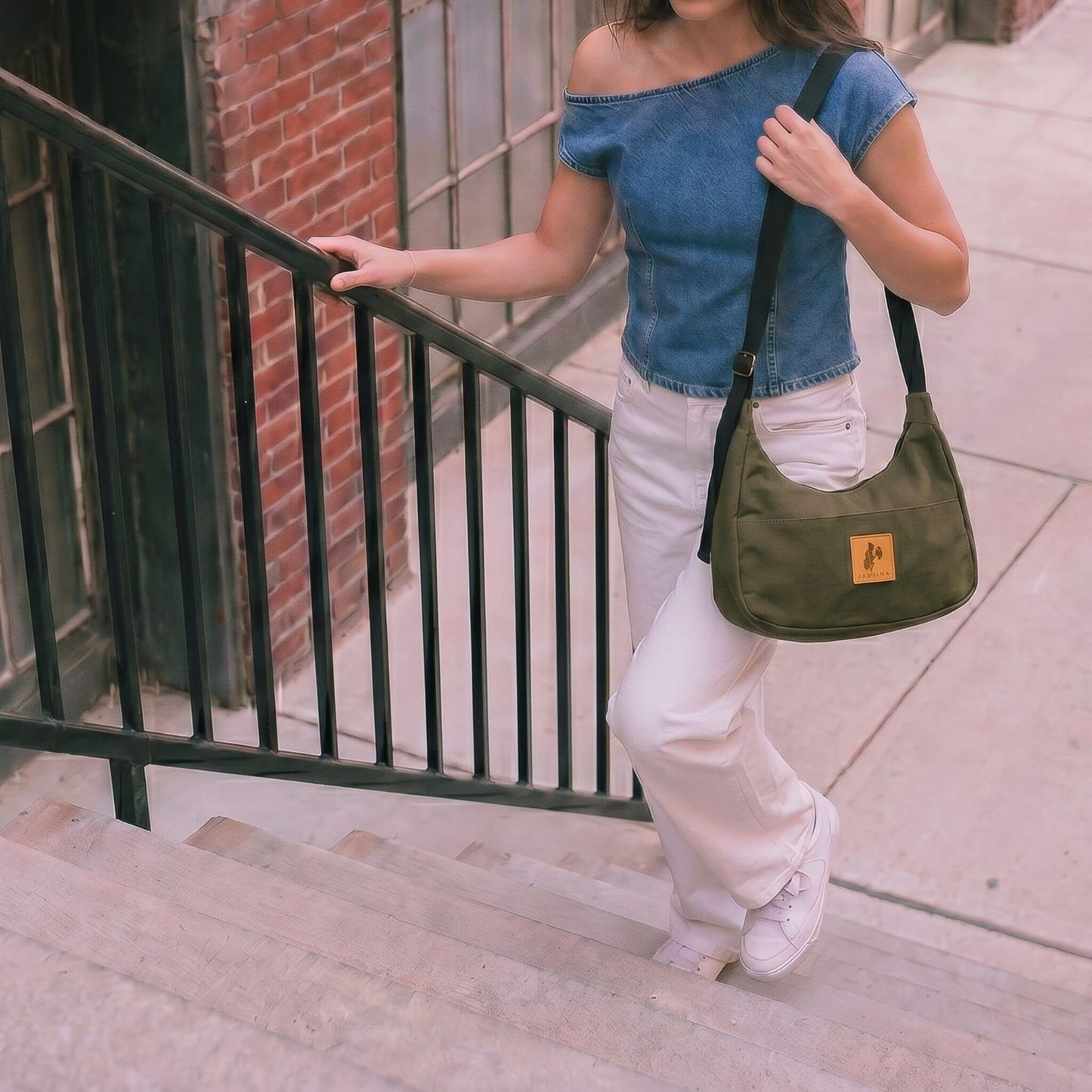 Green Canvas Shoulder Crescent Bag #color_green