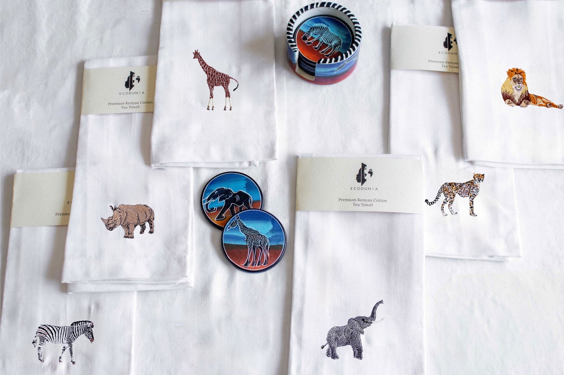 African animal embroidered cotton kitchen tea towels — Fair Trade