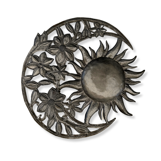 Haitian Metal Sun Moon & Flowers Wall Art 14" Handmade
