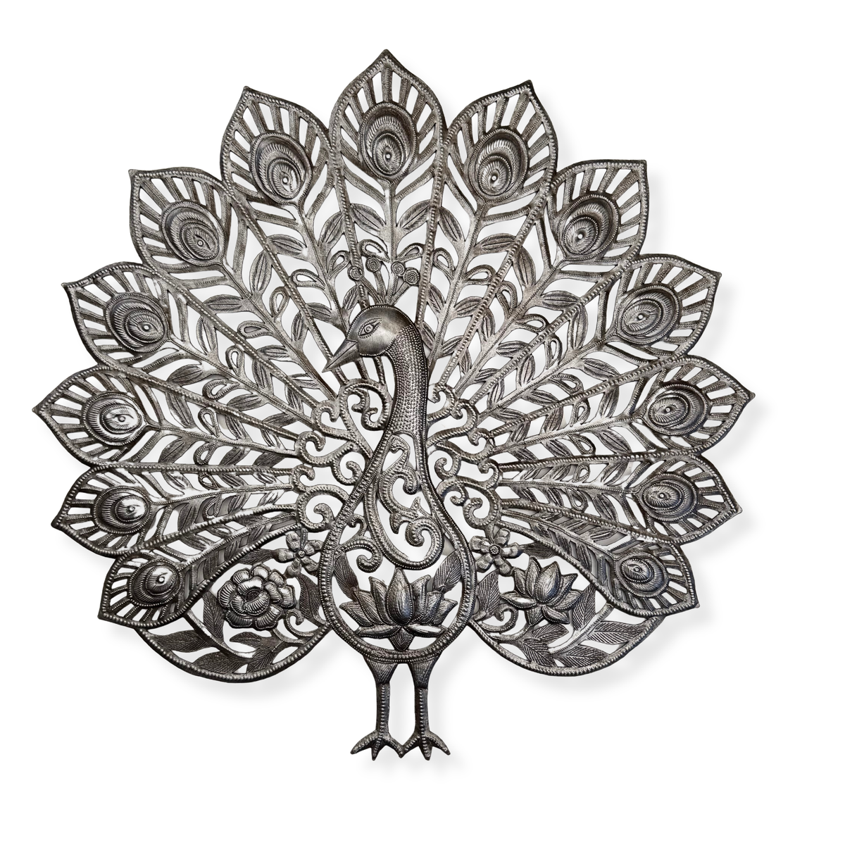 Haitian Metal Peacock Wall Art 23" Handmade Recycled Steel