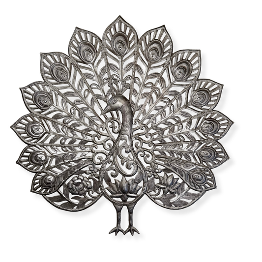 Haitian Metal Peacock Wall Art 23" Handmade Recycled Steel