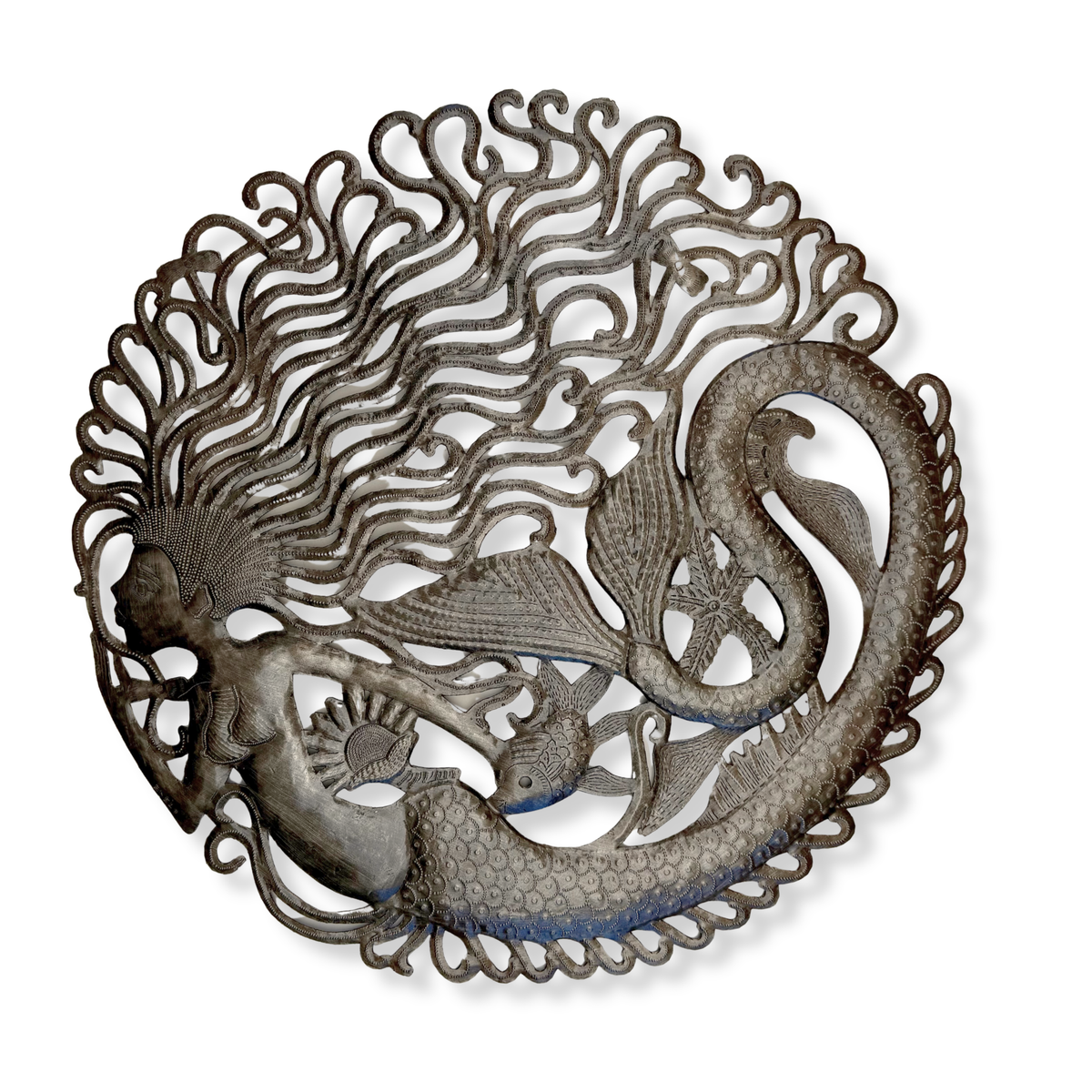 23" Mermaid Metal Wall Art – Handmade Haitian Coastal Decor