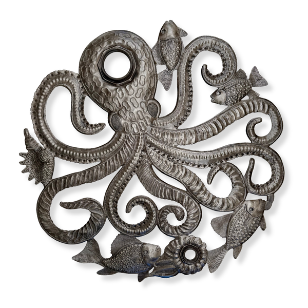 Handcrafted Metal Octopus Wall Art with Fish Coastal Ocean