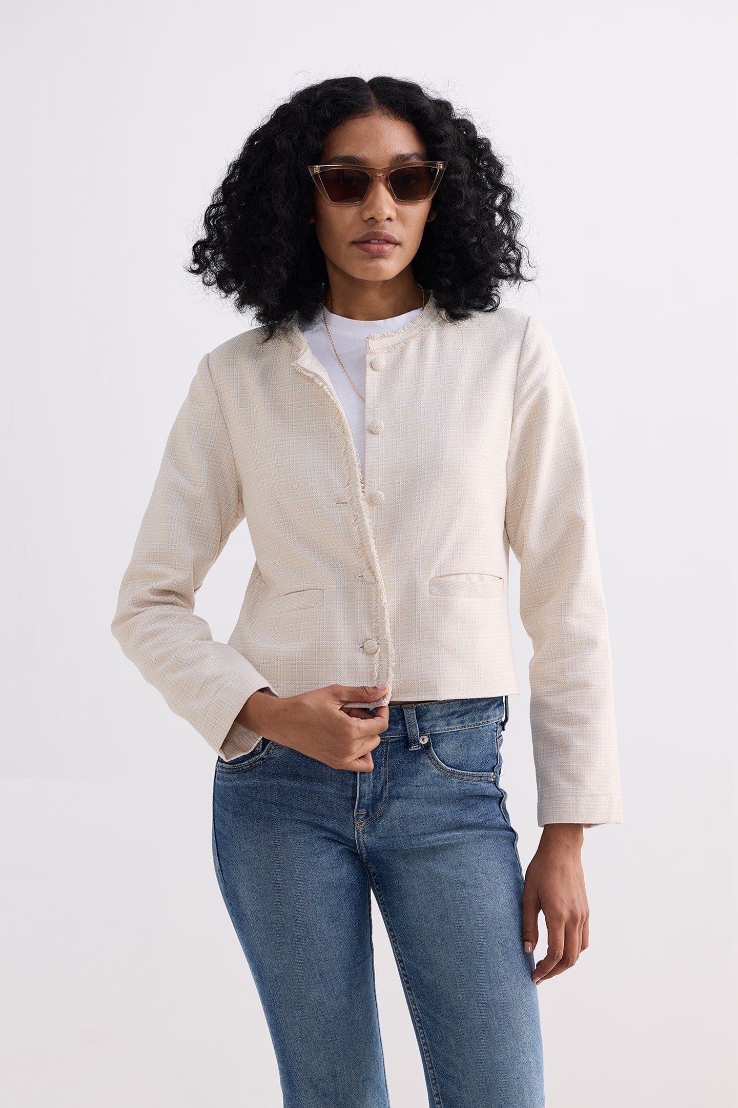 Lady Jacket in Cream Cotton Tweed Medium Shot