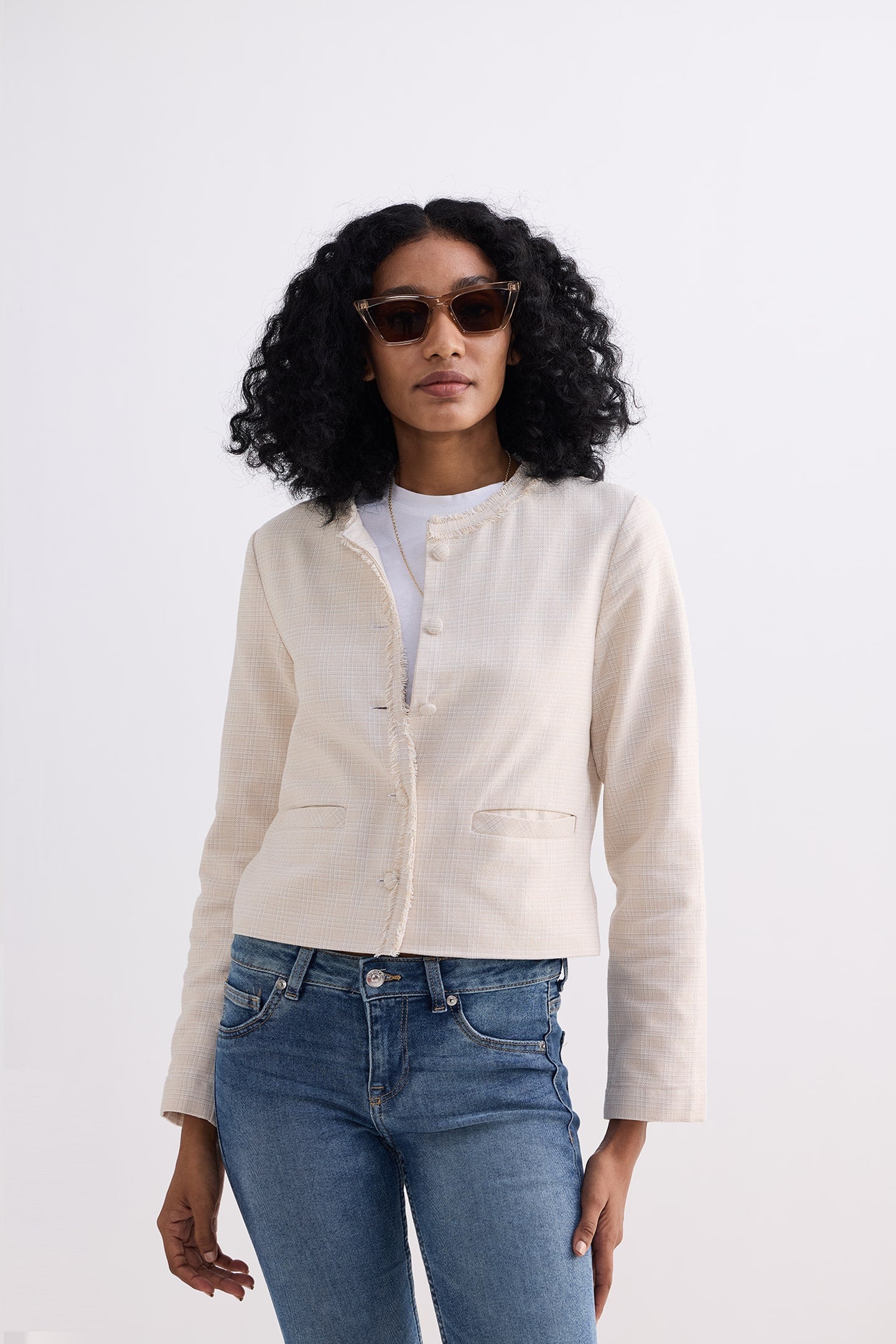 Lady Jacket in Cream Cotton Tweed Medium Shot