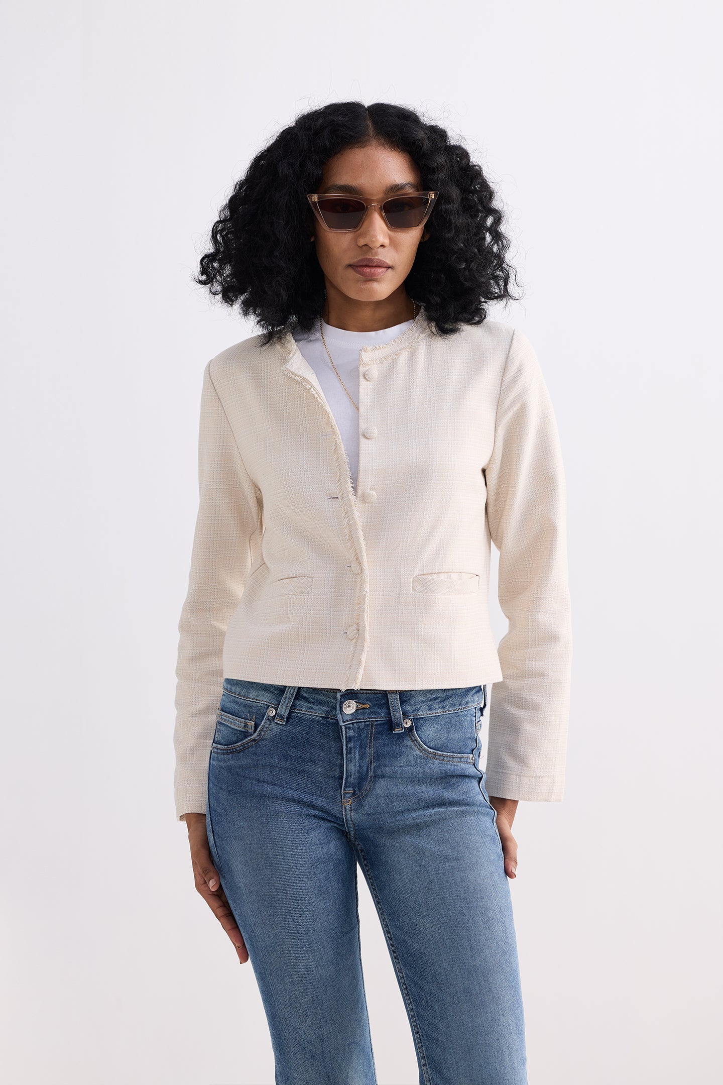 Lady Jacket in Cream Cotton Tweed Medium Shot