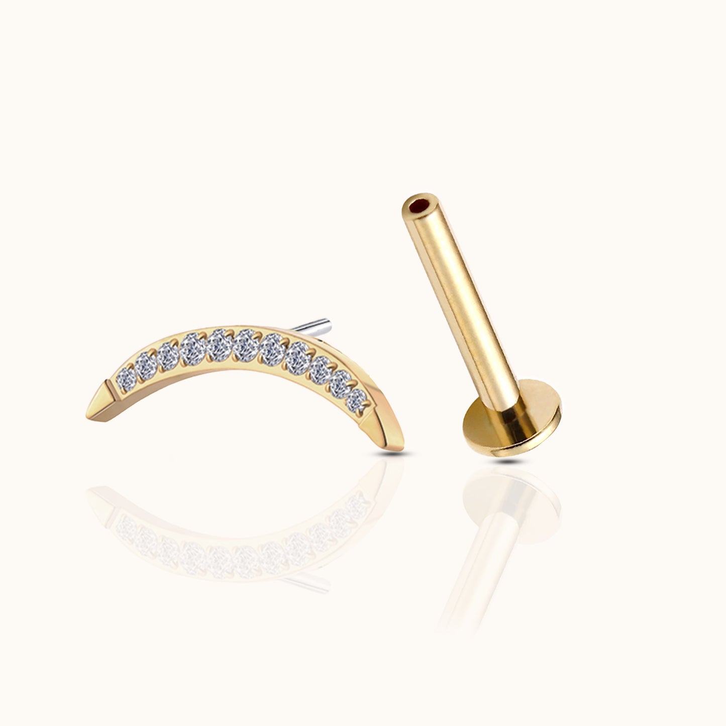 Large Moon Crescent Threadless Labret Titanium PVD Gold Flat Back Earring