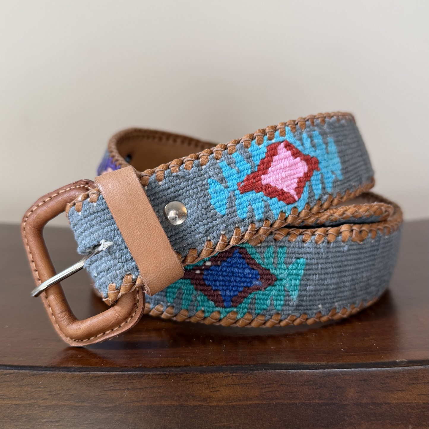 Light Denim-Colored (Blue-Grey) Handwoven Guatemalan Whip-Stitched Belt