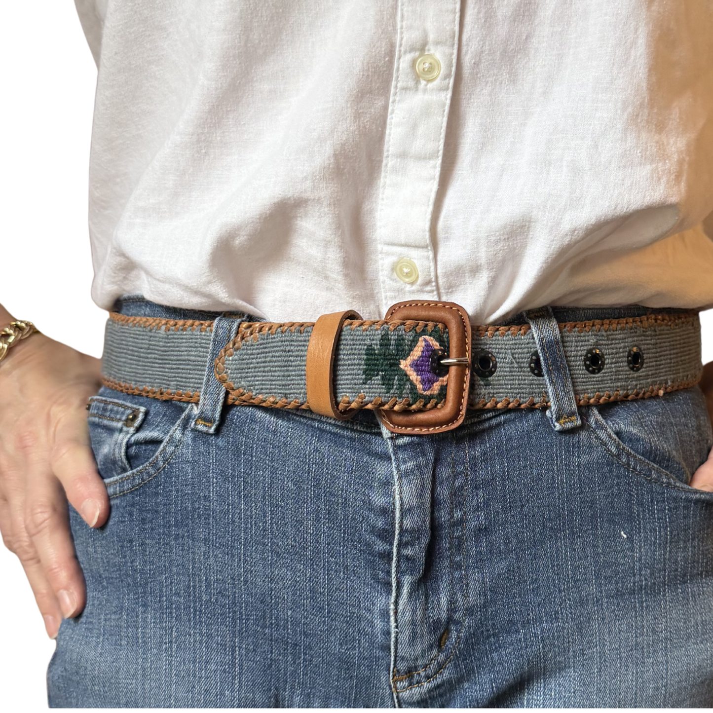 Light Denim-Colored (Blue-Grey) Handwoven Guatemalan Whip-Stitched Belt