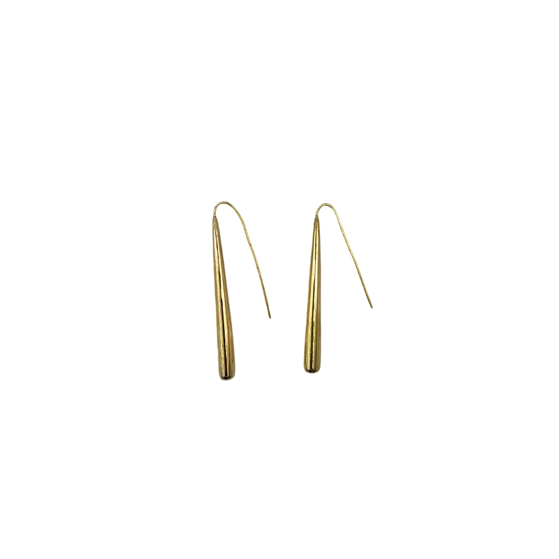 Moja smooth long bar brass drop earrings flat lay