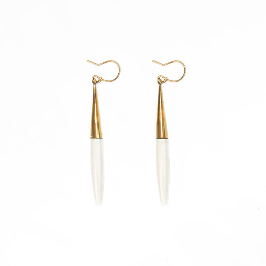 Luna brass and white horn spike drop earrings flat lay — Ecodunia #color_white