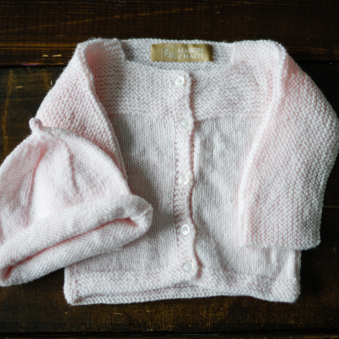 Hand-Knit Baby Sweater in Baby Pink