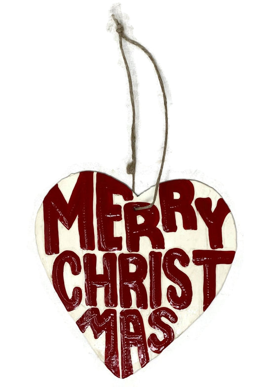 Christmas Ornaments, Merry Christmas, Hand Painted Heart Shaped Ornament, Decorative Haitian Artwork 4.25