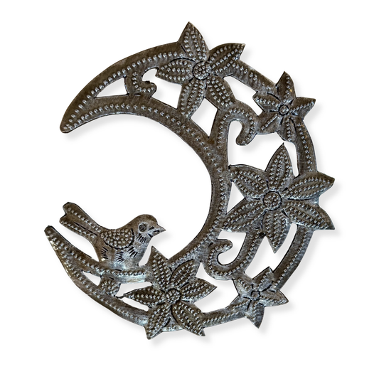 Moon with Flowers and Birds, Metal Ornament 4" x 3.5"