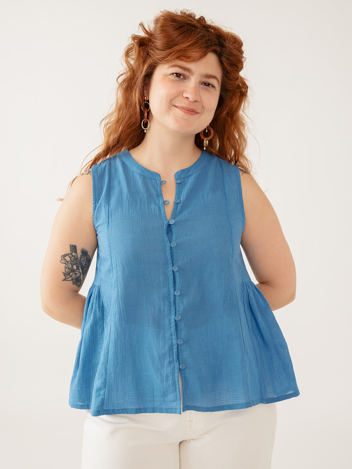 Chloe Top - Cerulean Textured Check