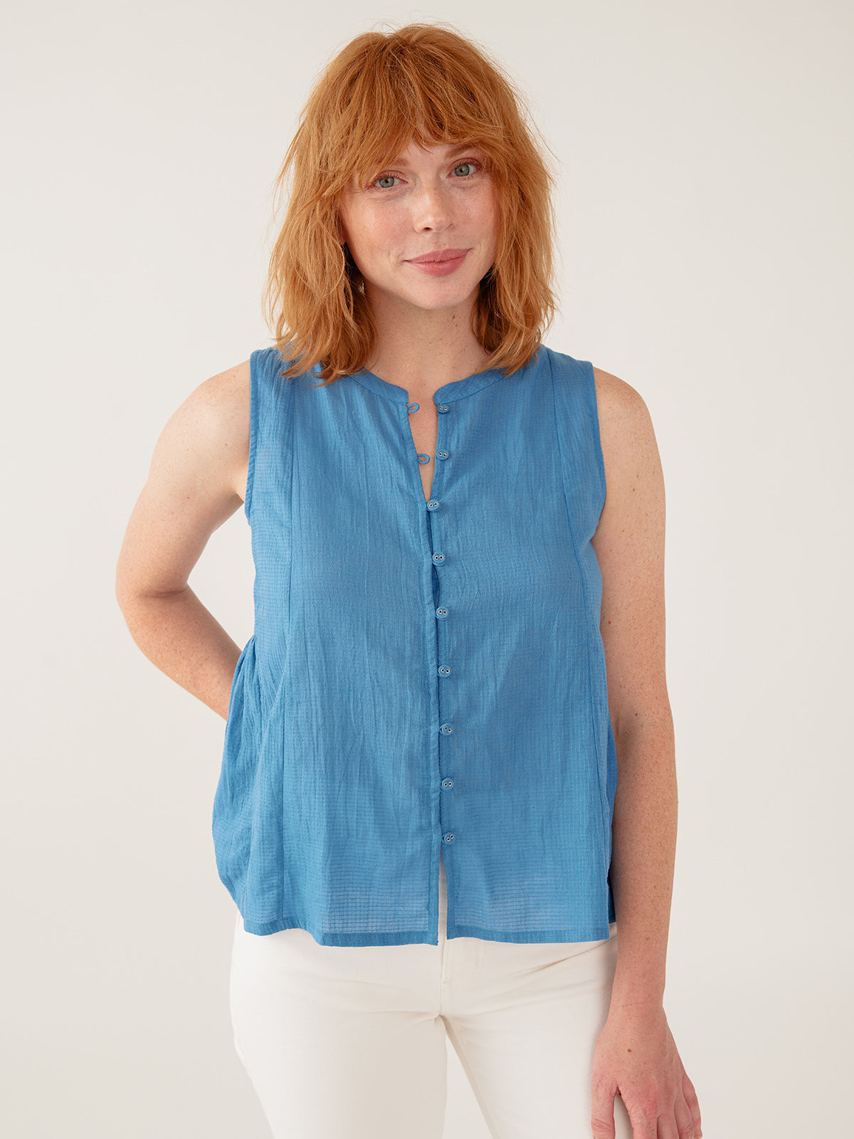 Chloe Top - Cerulean Textured Check