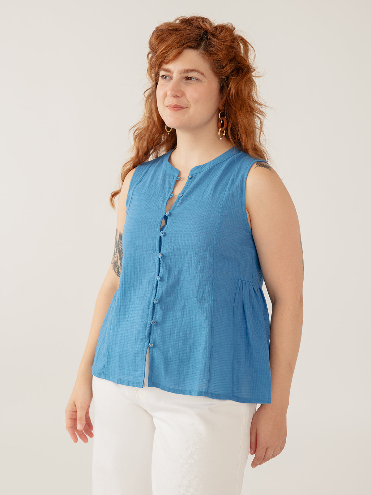 Chloe Top - Cerulean Textured Check