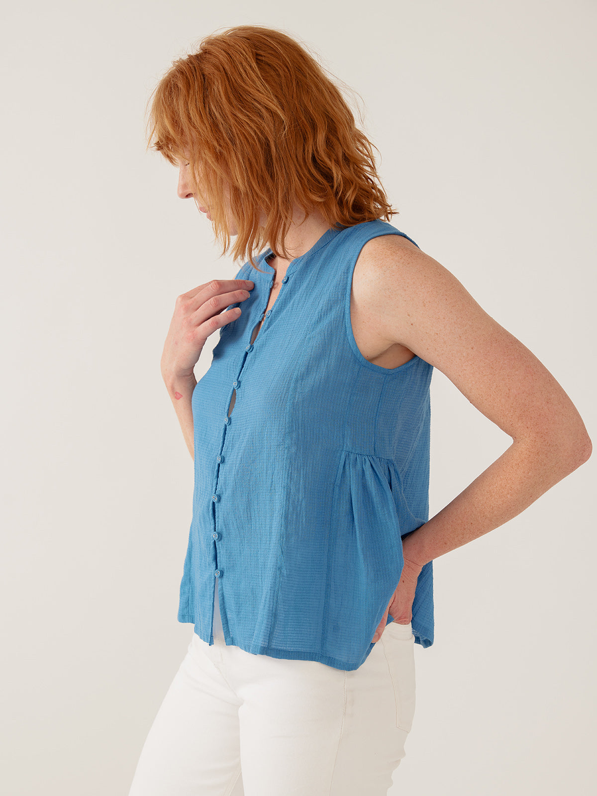 Chloe Top - Cerulean Textured Check