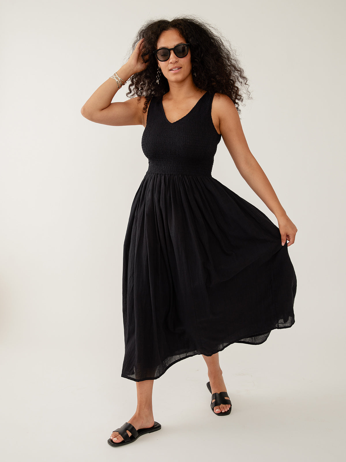 Lily V-Neck Sleeveless Dress - Black Textured Check