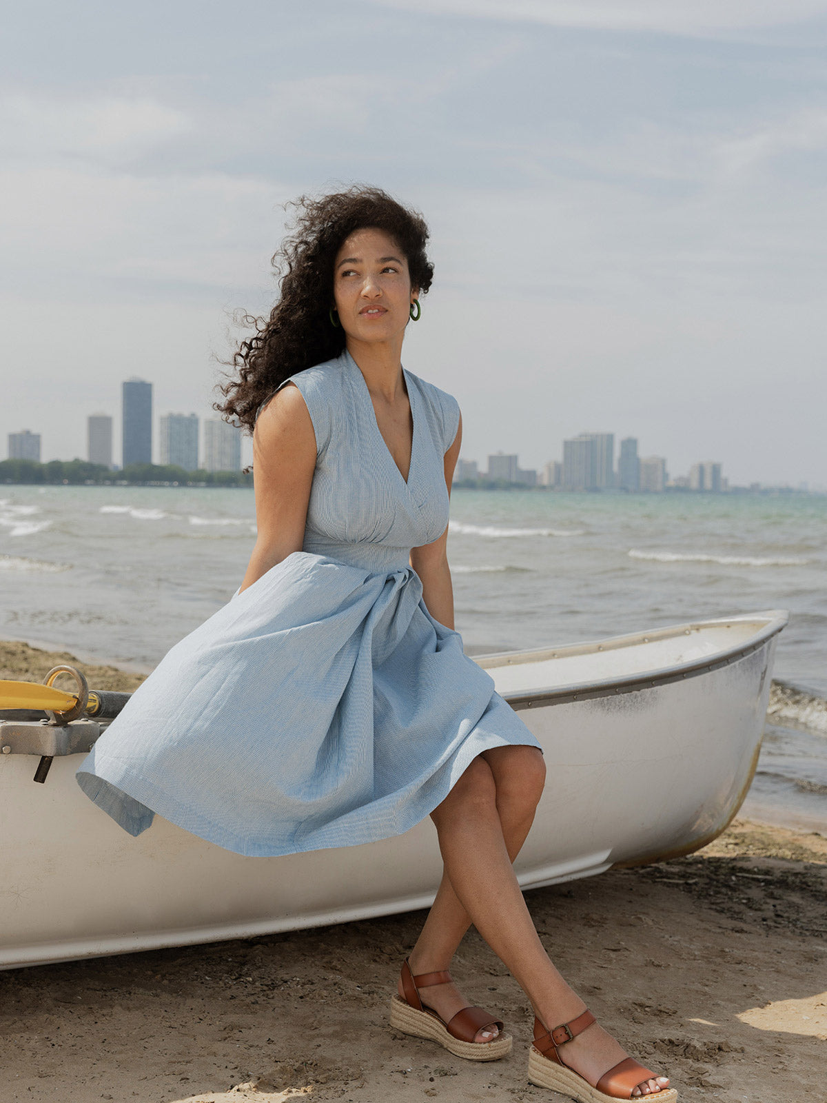 Lucille Dress - Blue Stripe Linen Cotton