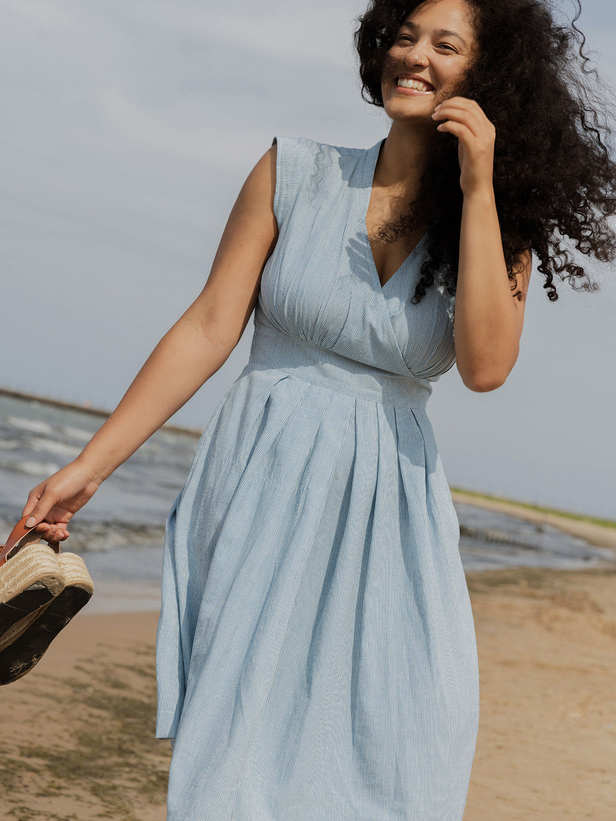 Lucille Dress - Blue Stripe Linen Cotton