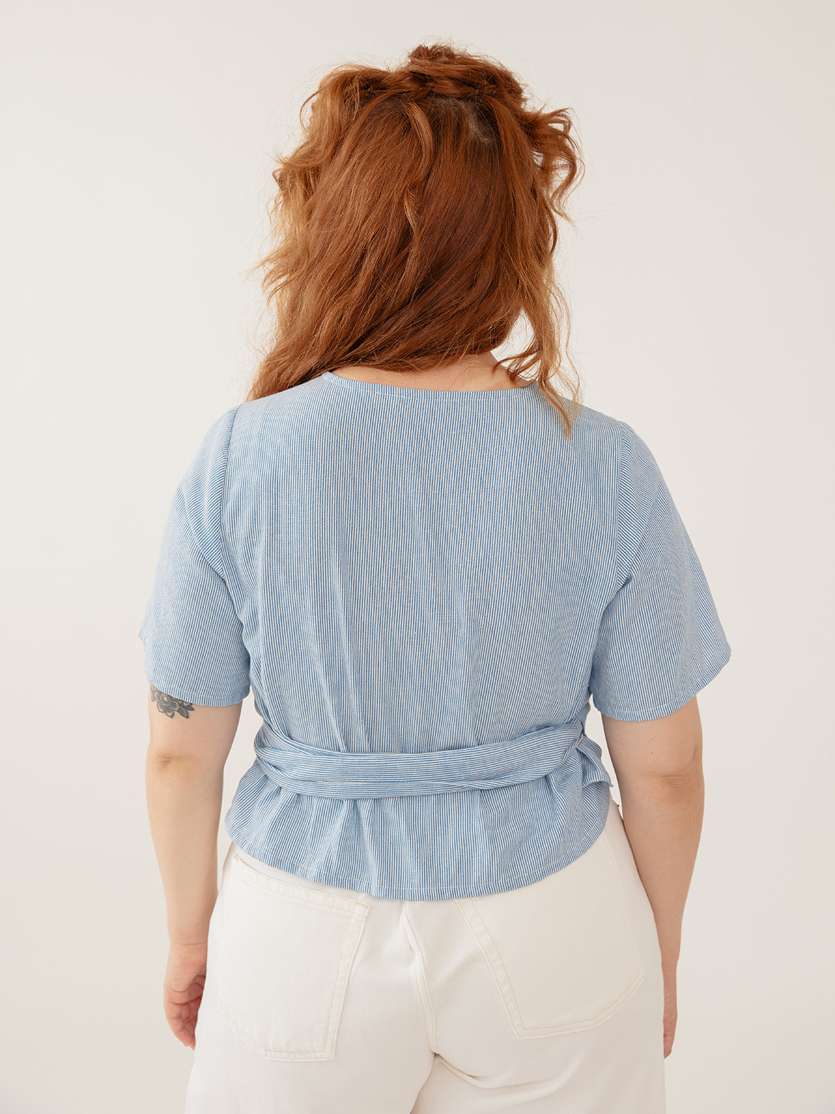 Wren Wrap Top - Blue Stripe Linen Cotton