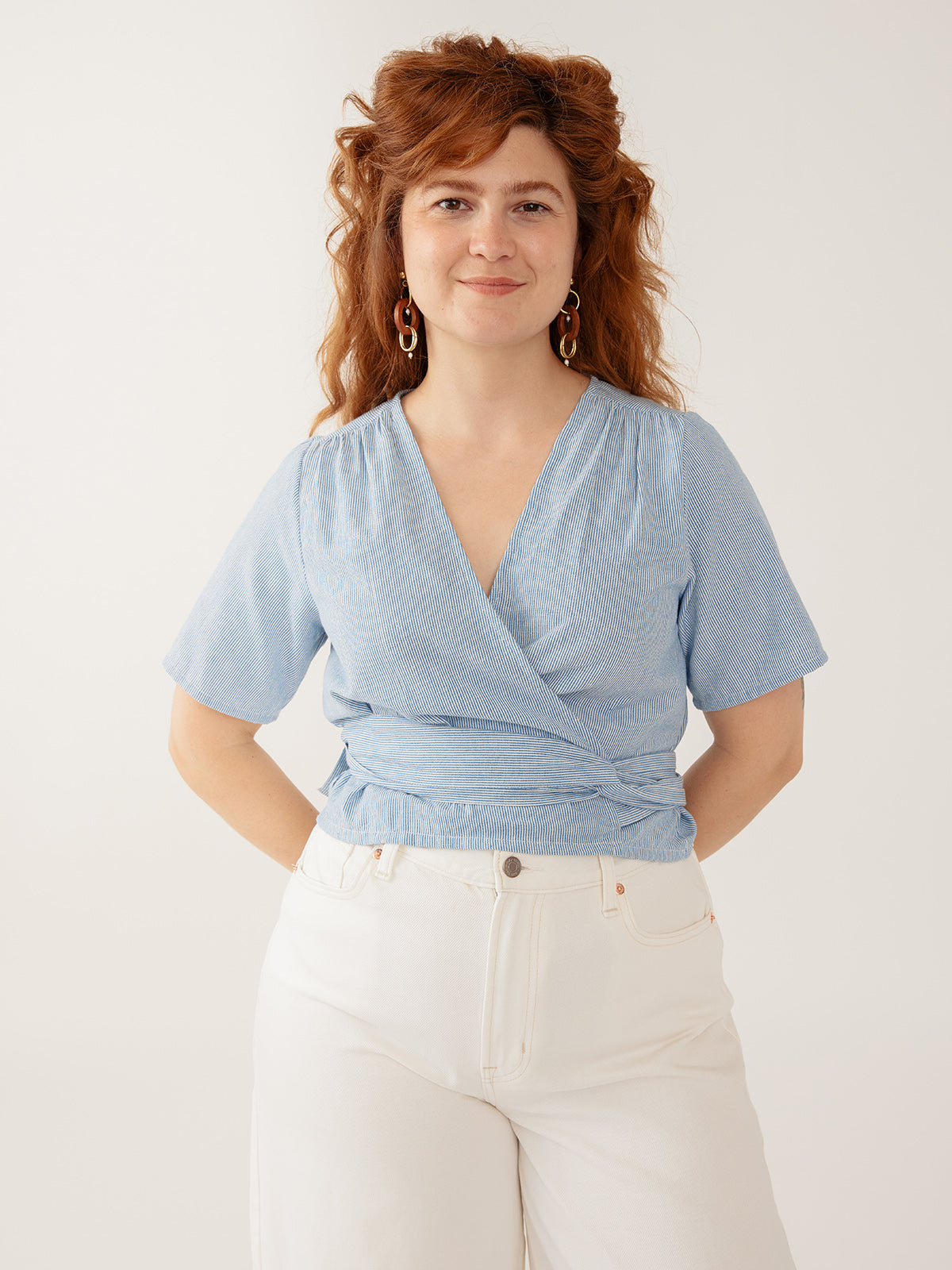 Wren Wrap Top - Blue Stripe Linen Cotton
