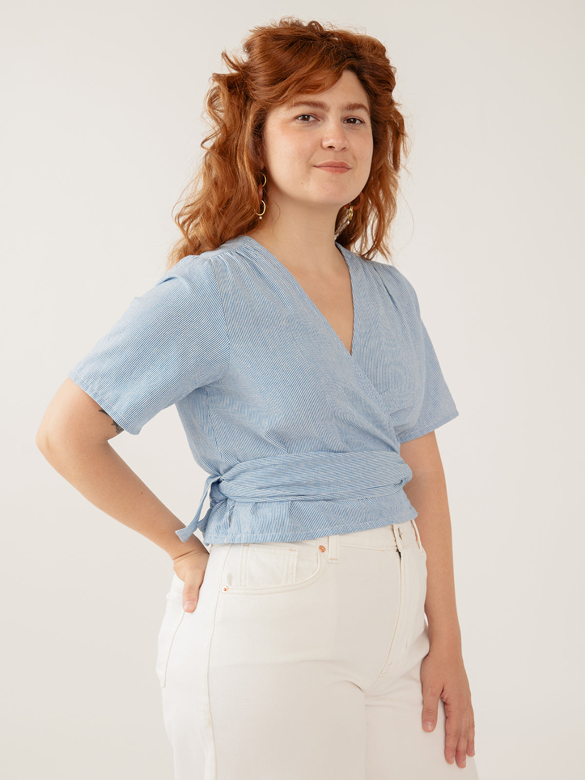 Wren Wrap Top - Blue Stripe Linen Cotton