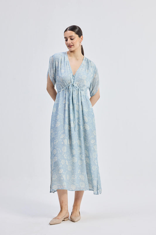 Maxi Gathered Dress in Blue Florals Front