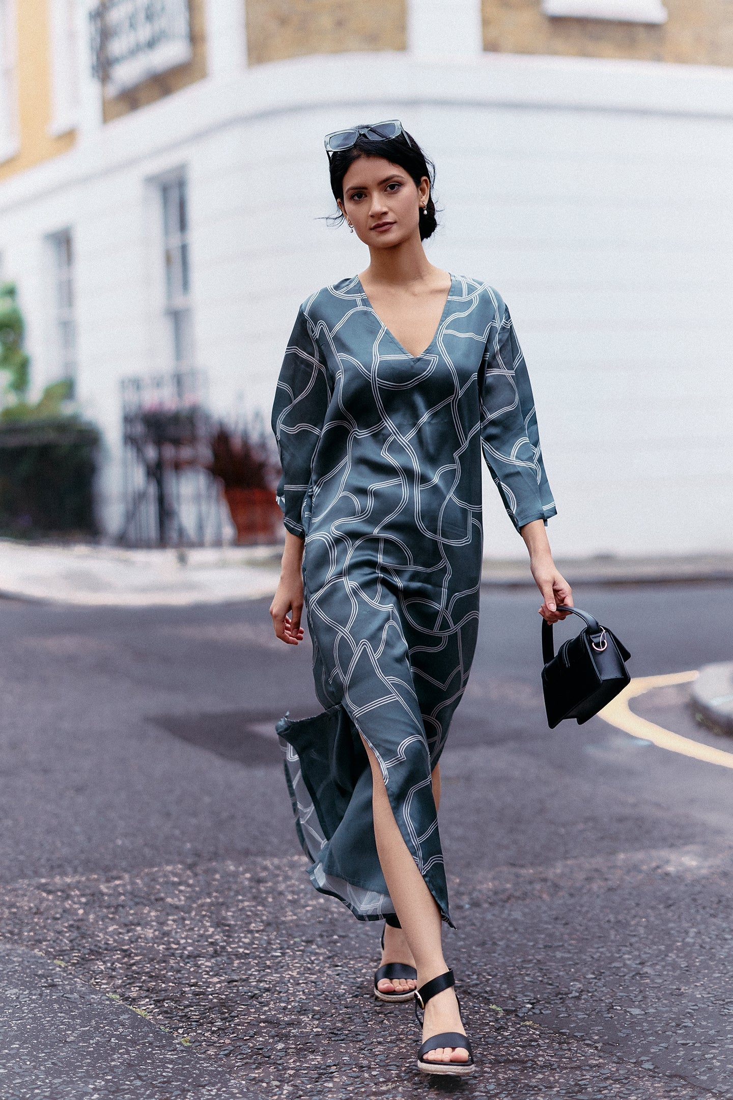 Maxi Dress with Side Slits in Abstract Stripes Moodshot