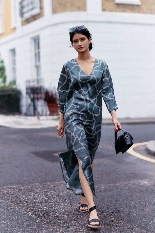 Maxi Dress with Side Slits in Abstract Stripes Moodshot