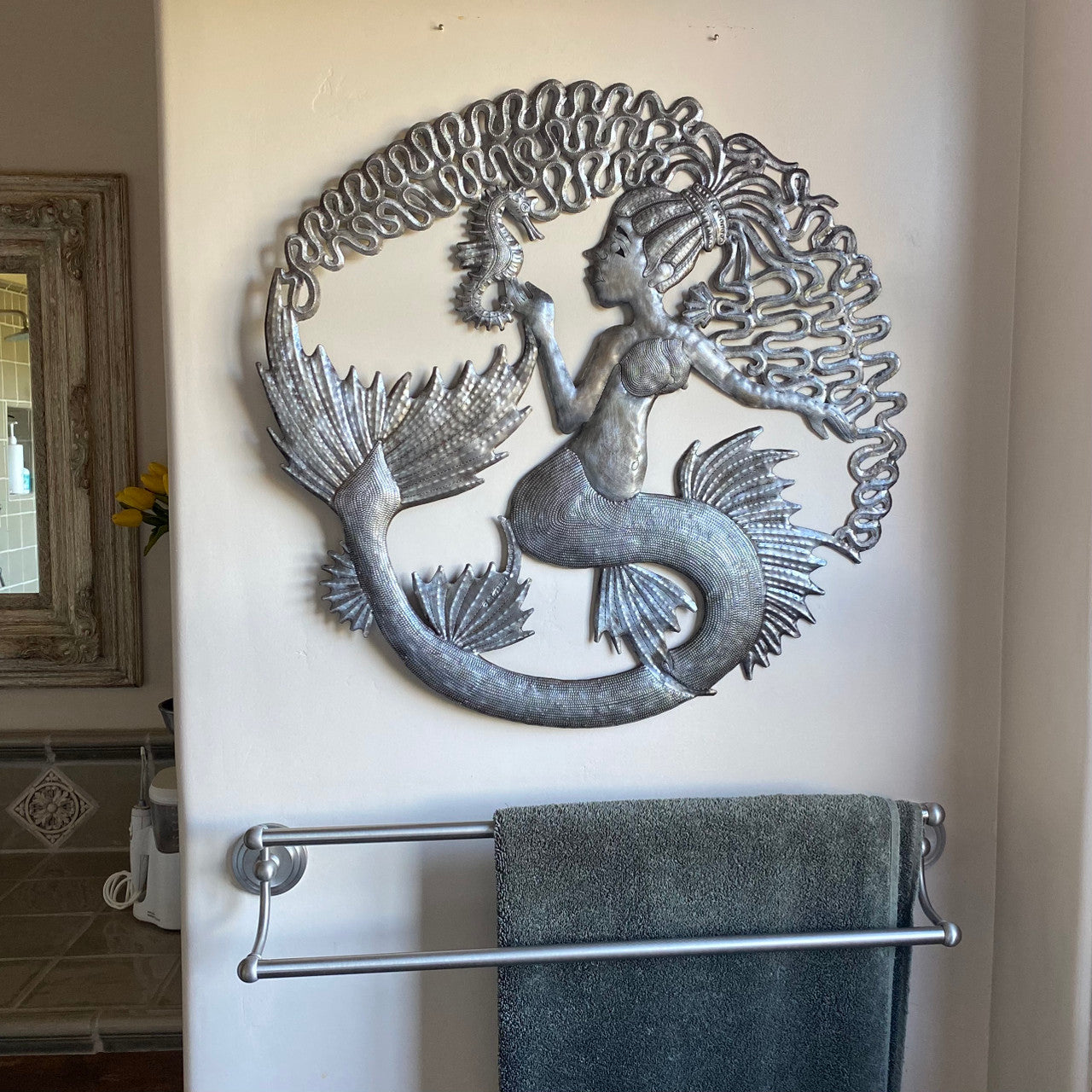 Mermaid with Seahorse, Haitian Artwork, 23" Round, Home Decor