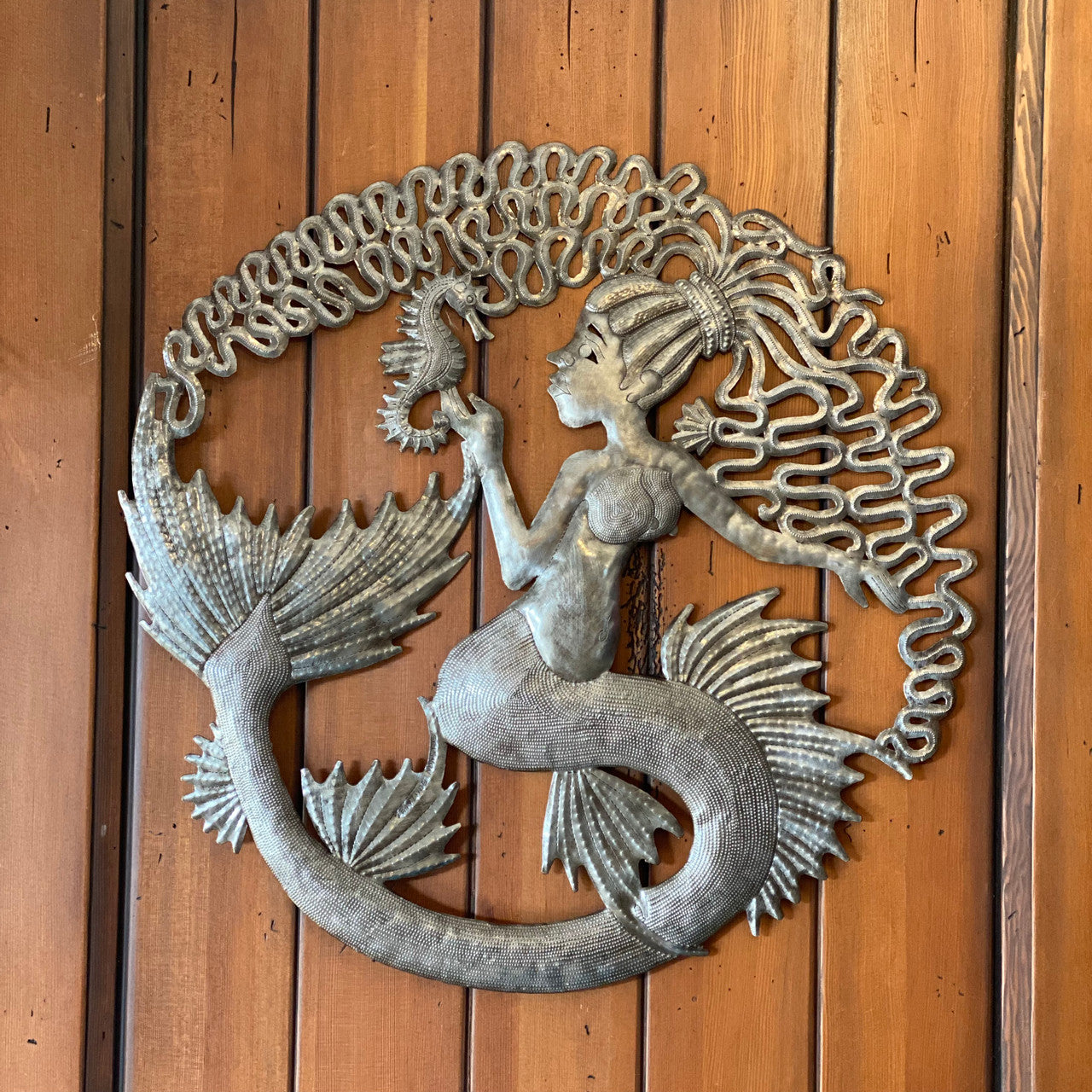 Mermaid with Seahorse, Haitian Artwork, 23" Round, Home Decor